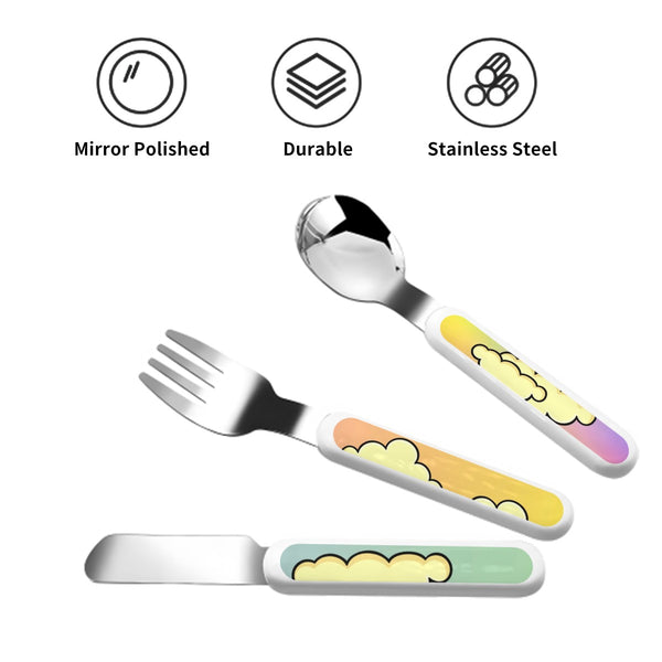 guitos™ Joyride Pop Art Clouds Kids Cutlery Set Stainless Steel Utensils Fork Spoon Knife Travel Case Gecko Graphic (Pastel Rainbow)