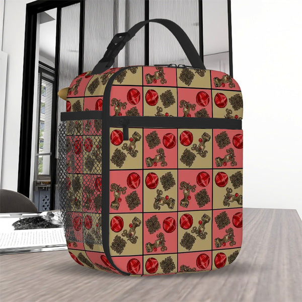 guitos™ Cherry Checkered Leopard Print Gecko Lollipop Kids Elementary Middle School Insulated Lunch Bag Box (Pink/Beige)