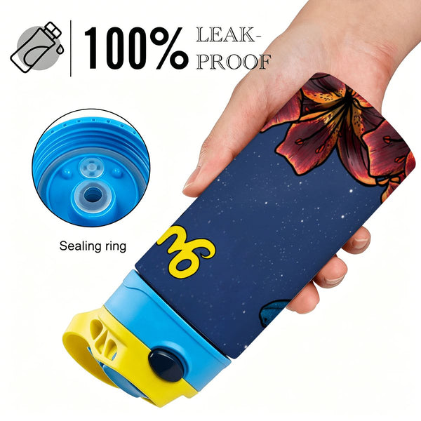 guitos™ Luna Midnight Floral Moon Kids Water Bottle Toddler Preschool Kindergarten Flip Straw Handle Leakproof Starry Gecko Graphic (Midnight Blue)