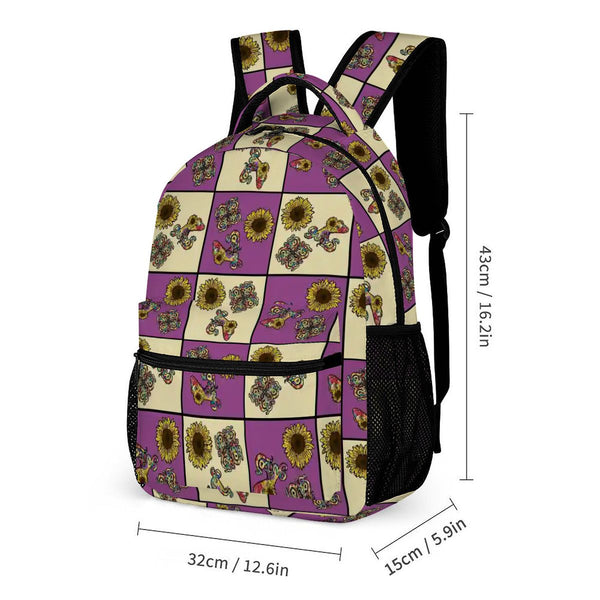 guitos™ Sol Checkered Rainbow Swirl Gecko Sunflower Kids Elementary Middle School Backpack Bookbag (Purple/Yellow)