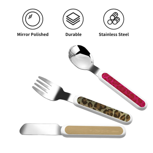 guitos™ Cherry Lollipop Kids Cutlery Set Stainless Steel Utensils Fork Spoon Knife Travel Case Leopard Print Gecko Graphic (Red/Pink)