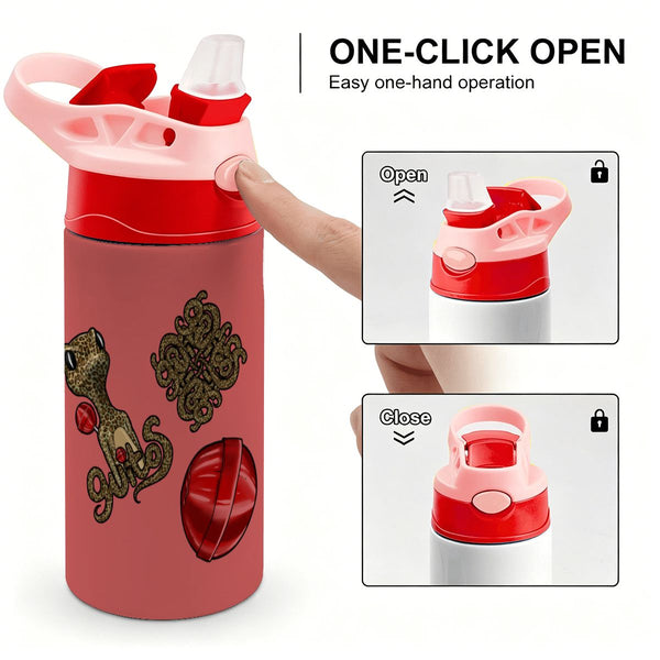 guitos™ Cherry Lollipop Kids Water Bottle Toddler Preschool Kindergarten Flip Straw Handle Leakproof Leopard Print Gecko Graphic (Red/Pink)