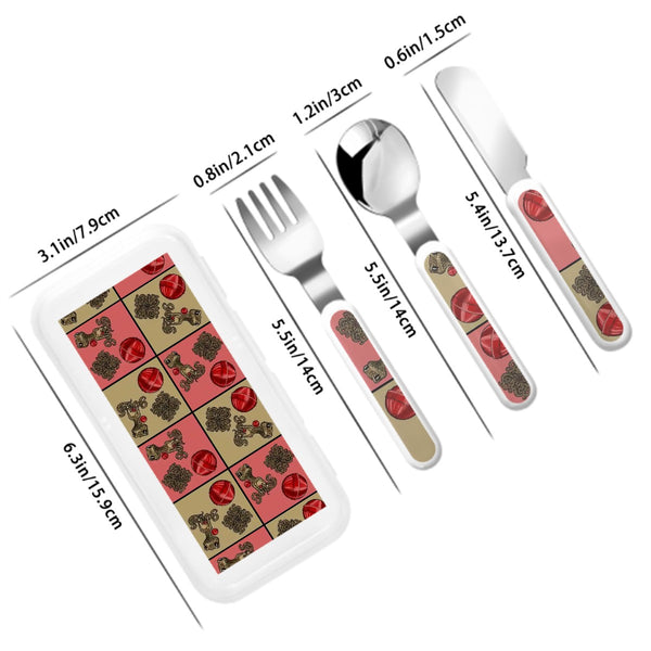 guitos™ Cherry Checkered Leopard Print Gecko Lollipop Kids Cutlery Set Stainless Steel Utensils Fork Spoon Knife Travel Case (Pink/Beige)