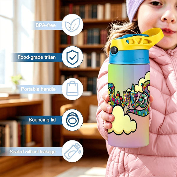 guitos™ Joyride Pop Art Clouds Small Kids Water Bottle Toddler Preschool Kindergarten Flip Straw Handle Leakproof (Pastel Rainbow)