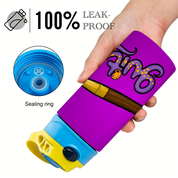 guitos™ Max Artist Paint Palette Kids Water Bottle Toddler Preschool Kindergarten Flip Straw Handle Leakproof Artist Gecko Graphic (Purple/Yellow)