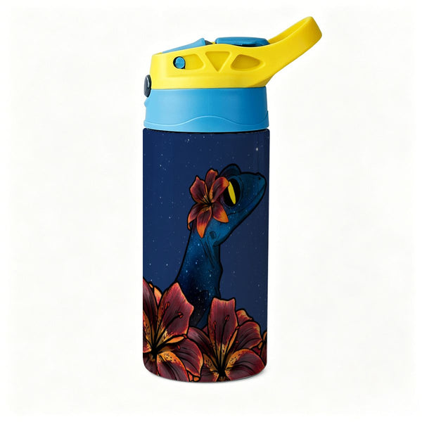 guitos™ Luna Midnight Floral Moon Kids Water Bottle Toddler Preschool Kindergarten Flip Straw Handle Leakproof Starry Gecko Graphic (Midnight Blue)