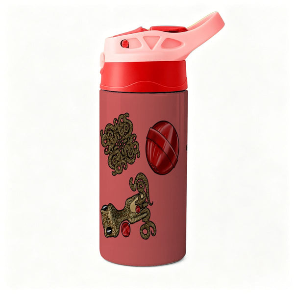 guitos™ Cherry Lollipop Kids Water Bottle Toddler Preschool Kindergarten Flip Straw Handle Leakproof Leopard Print Gecko Graphic (Red/Pink)