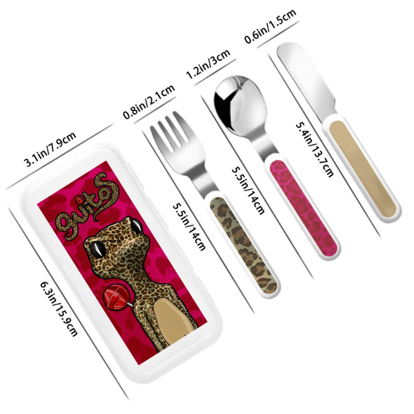 guitos™ Cherry Lollipop Kids Cutlery Set Stainless Steel Utensils Fork Spoon Knife Travel Case Leopard Print Gecko Graphic (Red/Pink)