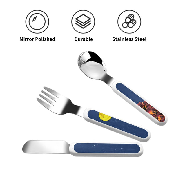 guitos™ Luna Midnight Floral Moon Kids Cutlery Set Stainless Steel Utensils Fork Spoon Knife Travel Case Starry Gecko Graphic (Midnight Blue)