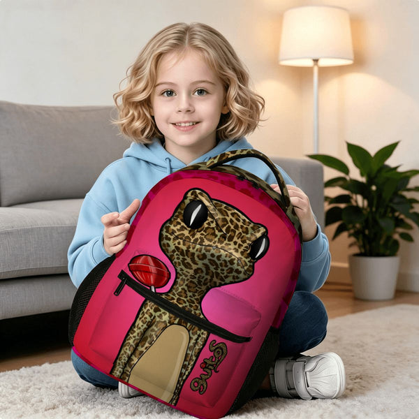 guitos™ Cherry Lollipop Backpack Kids Elementary Middle School Bag Bookbag Leopard Print Animal Print Gecko Graphic (Red/Pink)