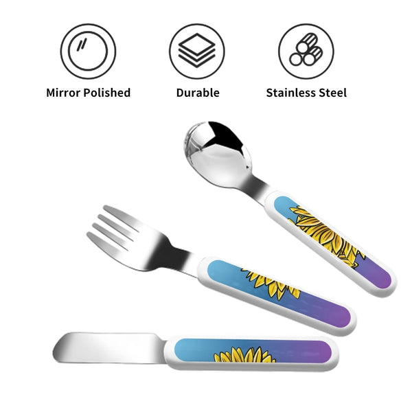 guitos™ Sol Golden Sunflower Gradient Kids Cutlery Set Stainless Steel Utensils Fork Spoon Knife Travel Case (Blue/Purple)