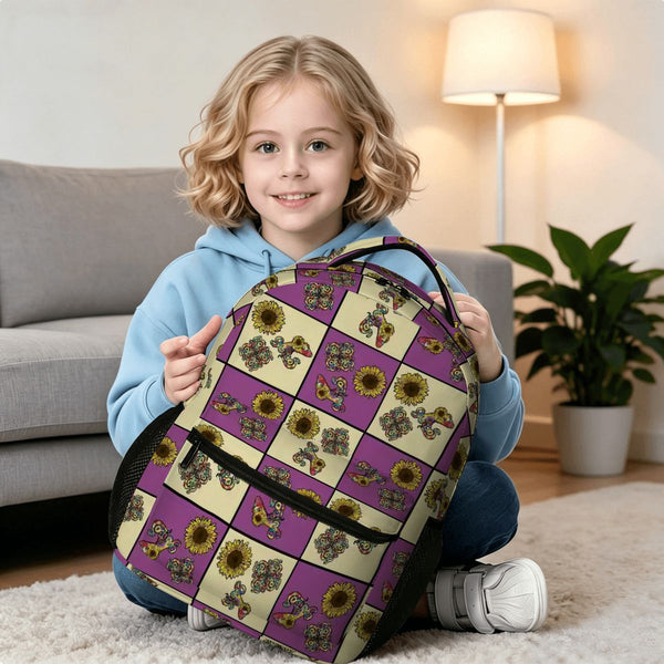 guitos™ Sol Checkered Rainbow Swirl Gecko Sunflower Kids Elementary Middle School Backpack Bookbag (Purple/Yellow)