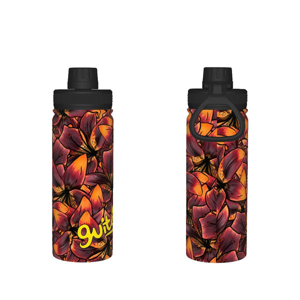 guitos™ Luna Fiery Floral Sports Insulated Water Bottle Elementary Middle School Foldable Handle Hinge Cap (Red/Orange)