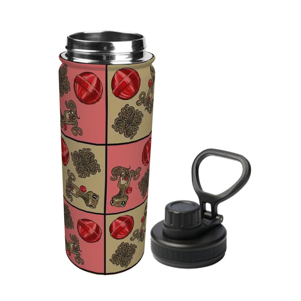 guitos™ Cherry Checkered Leopard Print Gecko Lollipop Kids Sports Insulated Water Bottle Elementary Middle School Foldable Handle Leakproof (Pink/Beige)