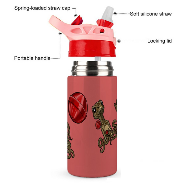 guitos™ Cherry Lollipop Kids Water Bottle Toddler Preschool Kindergarten Flip Straw Handle Leakproof Leopard Print Gecko Graphic (Red/Pink)