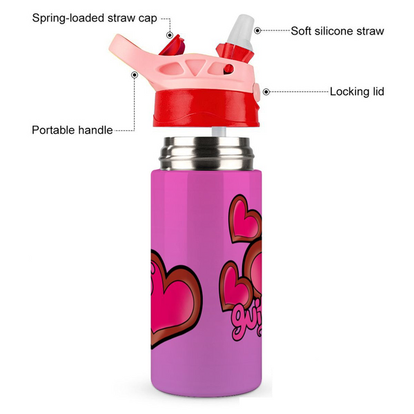 guitos™ Joyride Big Hearts Small Kids Water Bottle Toddler Preschool Kindergarten Flip Straw Handle Leakproof (Pink/Purple)
