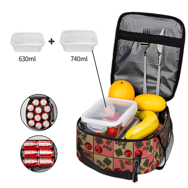 guitos™ Cherry Checkered Leopard Print Gecko Lollipop Kids Elementary Middle School Insulated Lunch Bag Box (Pink/Beige)