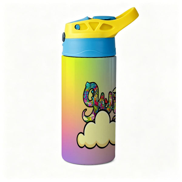 guitos™ Joyride Pop Art Clouds Small Kids Water Bottle Toddler Preschool Kindergarten Flip Straw Handle Leakproof (Pastel Rainbow)