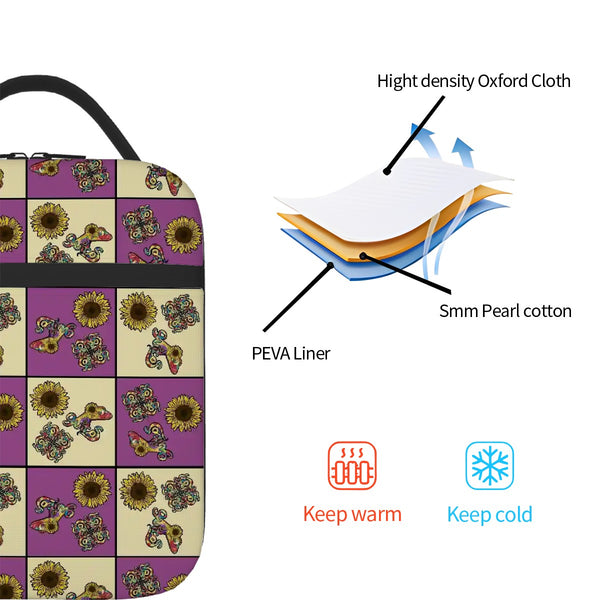 guitos™ Sol Checkered Rainbow Swirl Gecko Sunflower Kids Elementary Middle School Insulated Lunch Bag Box (Purple/Yellow)