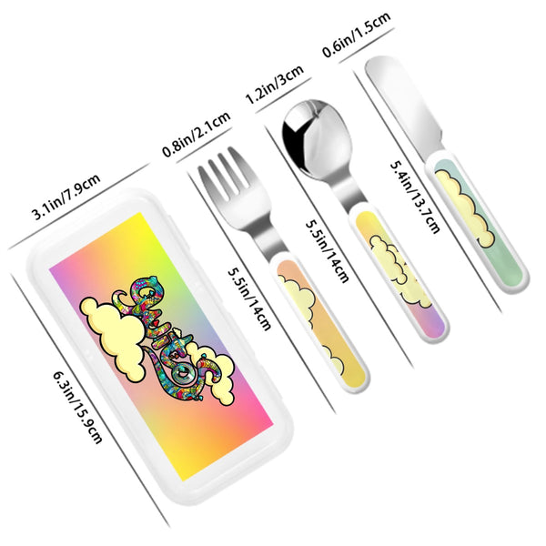 guitos™ Joyride Pop Art Clouds Kids Cutlery Set Stainless Steel Utensils Fork Spoon Knife Travel Case Gecko Graphic (Pastel Rainbow)