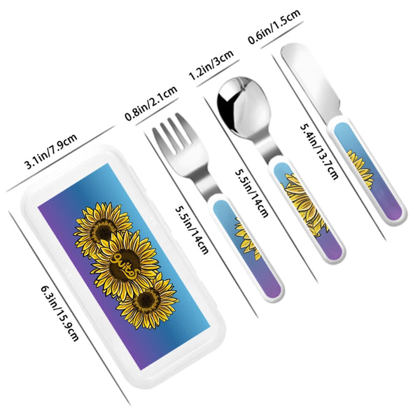 guitos™ Sol Golden Sunflower Gradient Kids Cutlery Set Stainless Steel Utensils Fork Spoon Knife Travel Case (Blue/Purple)