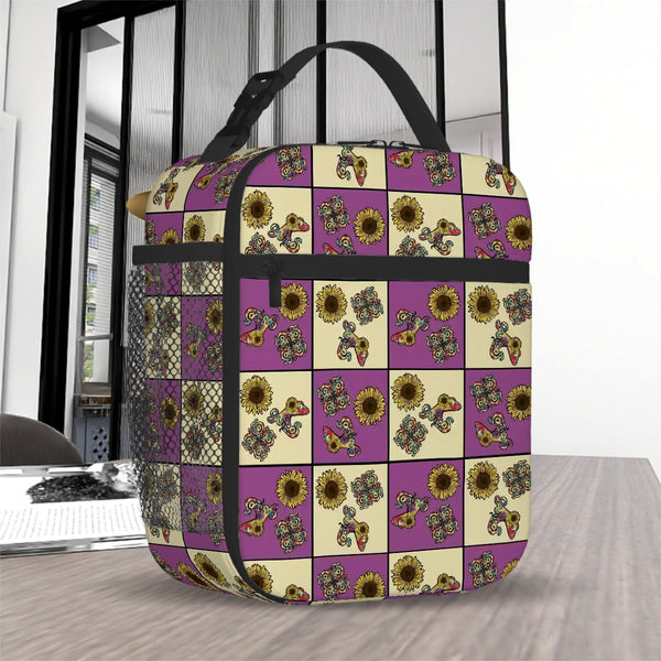 guitos™ Sol Checkered Rainbow Swirl Gecko Sunflower Kids Elementary Middle School Insulated Lunch Bag Box (Purple/Yellow)