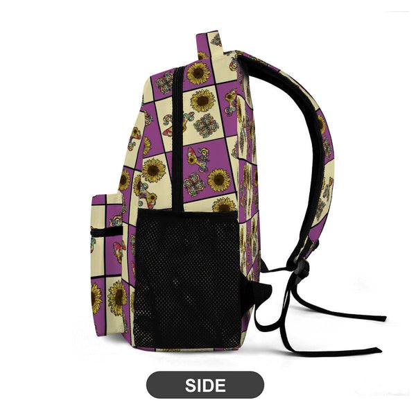 guitos™ Sol Checkered Rainbow Swirl Gecko Sunflower Kids Elementary Middle School Backpack Bookbag (Purple/Yellow)