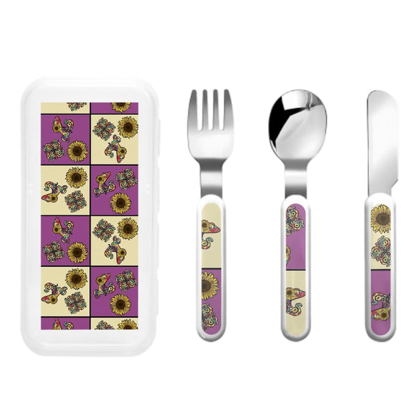 guitos™ Sol Checkered Rainbow Swirl Gecko Sunflower Kids Cutlery Set Stainless Steel Utensils Fork Spoon Knife Travel Case (Purple/Yellow)