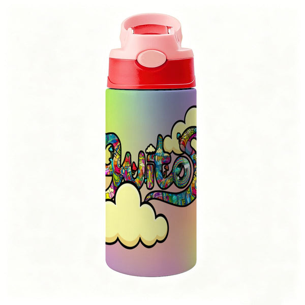 guitos™ Joyride Pop Art Clouds Small Kids Water Bottle Toddler Preschool Kindergarten Flip Straw Handle Leakproof (Pastel Rainbow)