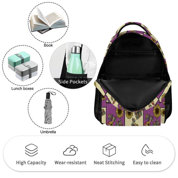 guitos™ Sol Checkered Rainbow Swirl Gecko Sunflower Kids Elementary Middle School Backpack Bookbag (Purple/Yellow)