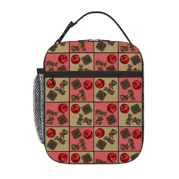 guitos™ Cherry Checkered Leopard Print Gecko Lollipop Kids Elementary Middle School Insulated Lunch Bag Box (Pink/Beige)