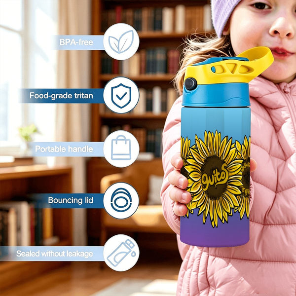 guitos™ Sol Golden Sunflower Gradient Kids Water Bottle Toddler Preschool Kindergarten Flip Straw Handle Leakproof (Blue/Purple)