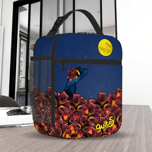 guitos™ Luna Midnight Floral Moon Insulated Lunch Bag Kids Elementary School Lunch Box Starry Gecko Graphic (Midnight Blue)
