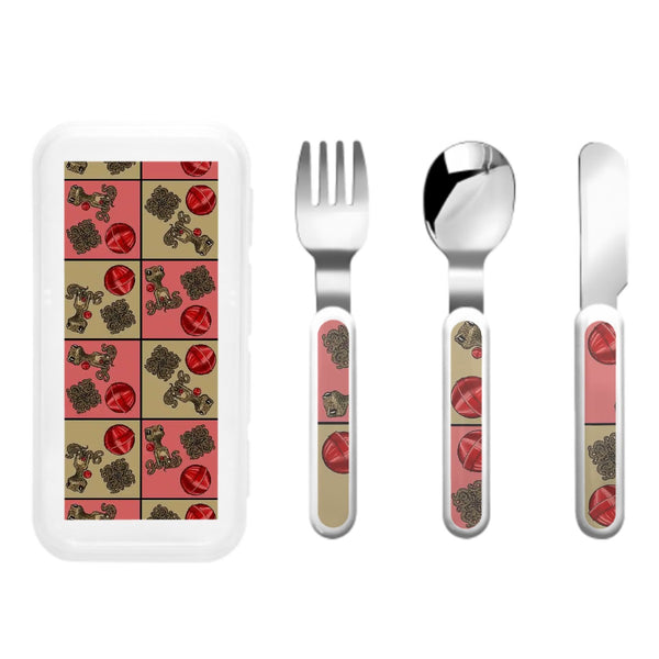 guitos™ Cherry Checkered Leopard Print Gecko Lollipop Kids Cutlery Set Stainless Steel Utensils Fork Spoon Knife Travel Case (Pink/Beige)