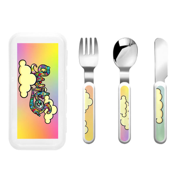 guitos™ Joyride Pop Art Clouds Kids Cutlery Set Stainless Steel Utensils Fork Spoon Knife Travel Case Gecko Graphic (Pastel Rainbow)