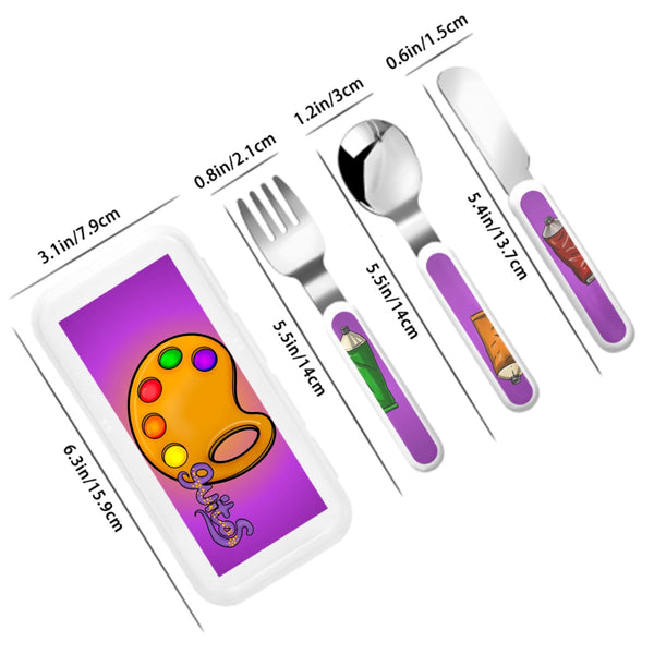 guitos™ Max Artist Paint Palette Kids Cutlery Set Stainless Steel Utensils Fork Spoon Knife Travel Case Artist Gecko Graphic (Purple)