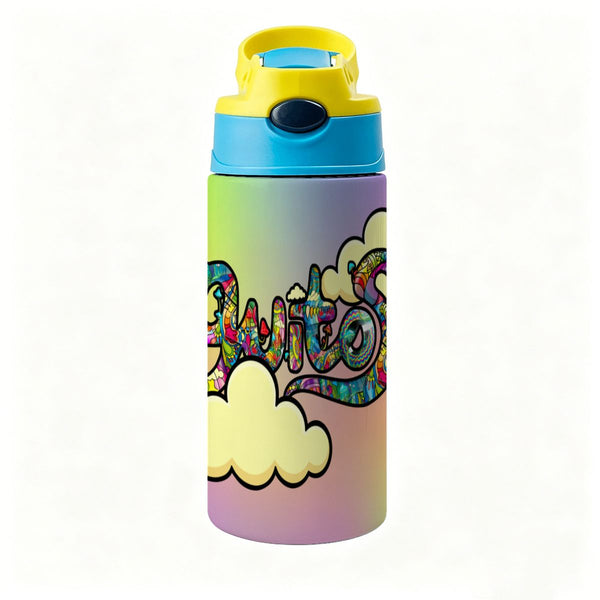 guitos™ Joyride Pop Art Clouds Small Kids Water Bottle Toddler Preschool Kindergarten Flip Straw Handle Leakproof (Pastel Rainbow)
