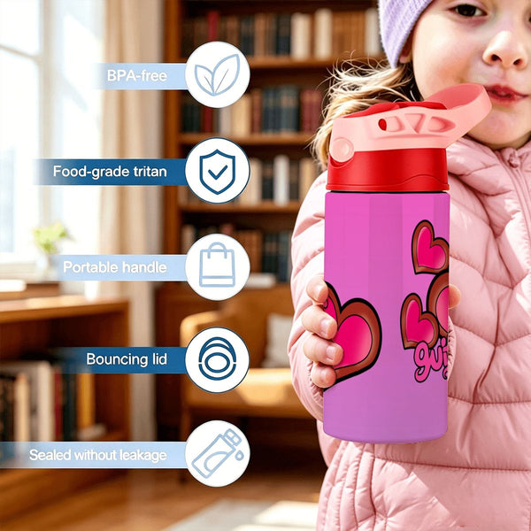 guitos™ Joyride Big Hearts Small Kids Water Bottle Toddler Preschool Kindergarten Flip Straw Handle Leakproof (Pink/Purple)
