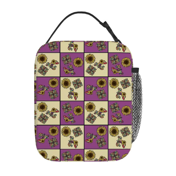 guitos™ Sol Checkered Rainbow Swirl Gecko Sunflower Kids Elementary Middle School Insulated Lunch Bag Box (Purple/Yellow)