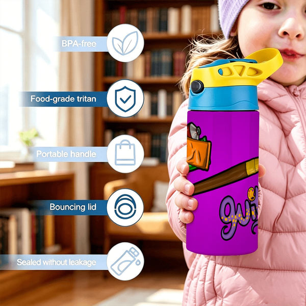 guitos™ Max Artist Paint Palette Kids Water Bottle Toddler Preschool Kindergarten Flip Straw Handle Leakproof Artist Gecko Graphic (Purple/Yellow)