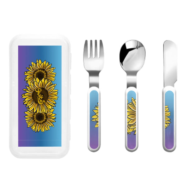 guitos™ Sol Golden Sunflower Gradient Kids Cutlery Set Stainless Steel Utensils Fork Spoon Knife Travel Case (Blue/Purple)