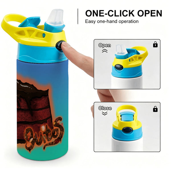 guitos™ Stash Chocolate Cake Sweets Kids Water Bottle Toddler Preschool Kindergarten Flip Straw Handle Leakproof Sweets Gecko Graphic (Teal/Blue)