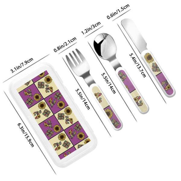guitos™ Sol Checkered Rainbow Swirl Gecko Sunflower Kids Cutlery Set Stainless Steel Utensils Fork Spoon Knife Travel Case (Purple/Yellow)