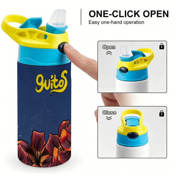 guitos™ Luna Midnight Floral Moon Kids Water Bottle Toddler Preschool Kindergarten Flip Straw Handle Leakproof Starry Gecko Graphic (Midnight Blue)