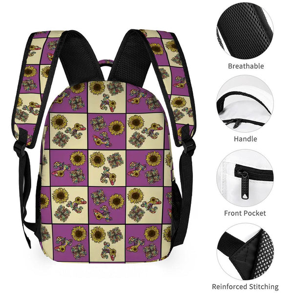 guitos™ Sol Checkered Rainbow Swirl Gecko Sunflower Kids Elementary Middle School Backpack Bookbag (Purple/Yellow)