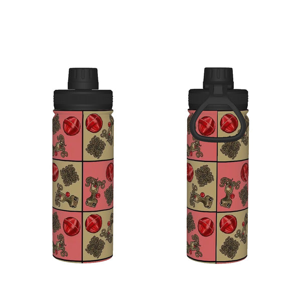 guitos™ Cherry Checkered Leopard Print Gecko Lollipop Kids Sports Insulated Water Bottle Elementary Middle School Foldable Handle Leakproof (Pink/Beige)