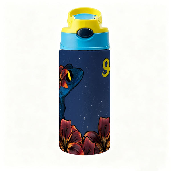 guitos™ Luna Midnight Floral Moon Kids Water Bottle Toddler Preschool Kindergarten Flip Straw Handle Leakproof Starry Gecko Graphic (Midnight Blue)