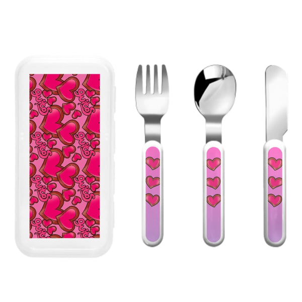 guitos™ Joyride Big Hearts Kids Cutlery Set Stainless Steel Utensils Fork Spoon Knife Travel Case (Pink/Purple)