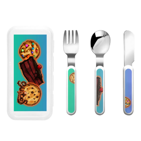 guitos™ Stash Chocolate Cookie Sweets Kids Cutlery Set Stainless Steel Utensils Fork Spoon Knife Travel Case Sweets Gecko Graphic (Teal/Blue)