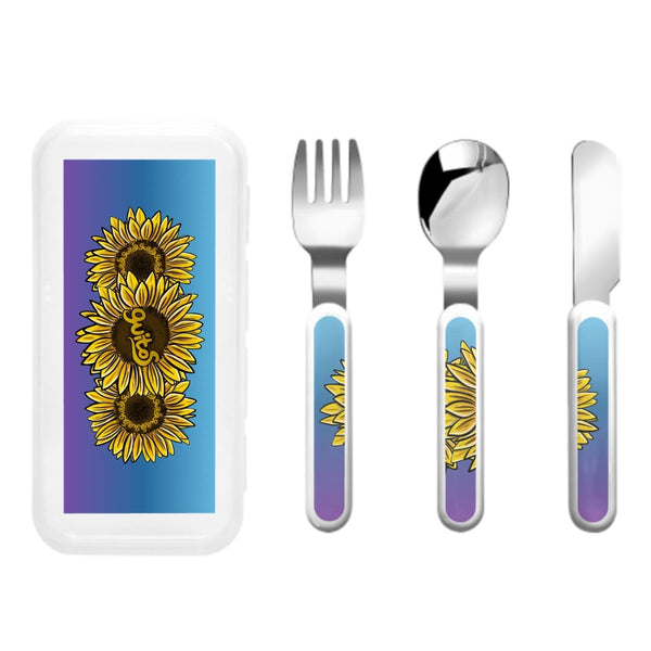 guitos™ Sol Golden Sunflower Gradient Kids Cutlery Set Stainless Steel Utensils Fork Spoon Knife Travel Case (Blue/Purple)